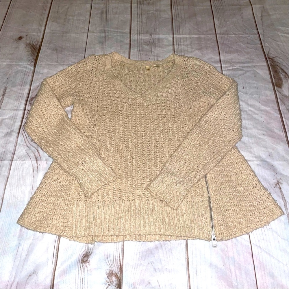 Anthropologie Moth Pullover Sweater V Neck Womens S Beige Cotton Wool Nylon